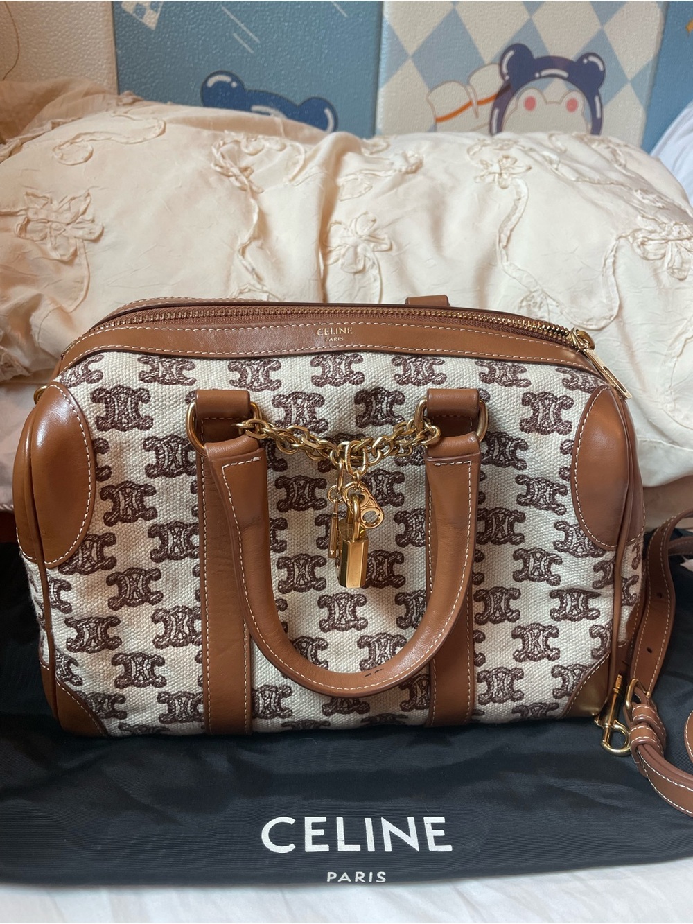 CELINE Brown Tricolor Canvas & Leather Boston Bag